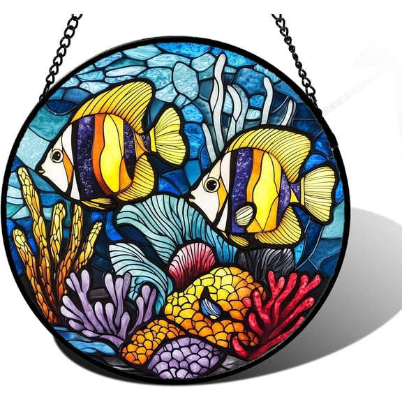 Stained Glass Window Hanging, Underwater World Coral Fish Suncatcher Diamond Glass Panel Sun Catchers Decor for Birthday for Women, Men, Wife, Aunt, and Mom