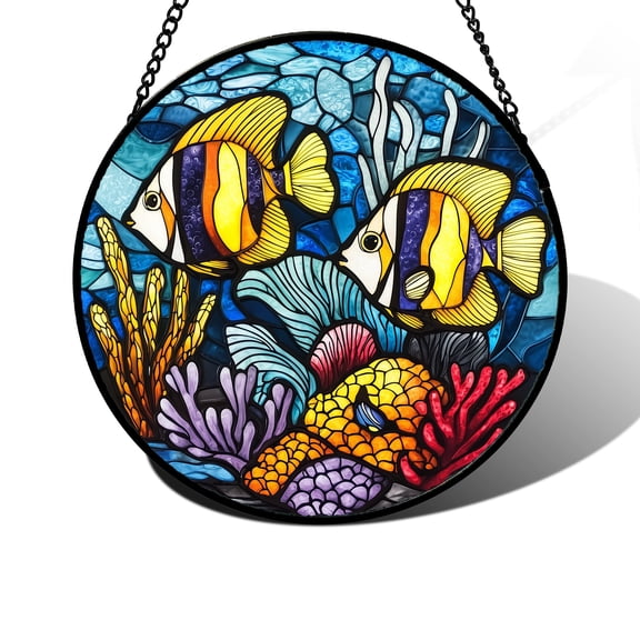 Stained Glass Window Hanging, Underwater World Coral Fish Suncatcher Diamond Glass Panel Sun Catchers Decor for Birthday for Women, Men, Wife, Aunt, and Mom