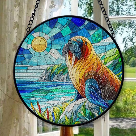 Stained Glass Window Hanging Walrus On Cliff, Valentine’s Day Decor, Festival Gift Ornament, Christmas Ornament Gift, Mother’s Day Keepsake, Keepsake 2025