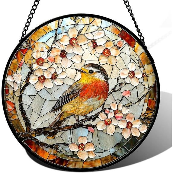 Stained Glass Window Hanging - White Flower Birds Suncatcher for Doors Window Home Sun Catchers Decor Christmas Mother's Day Birthday Gifts for Bird Lovers Teacher Women Men Mom Nana