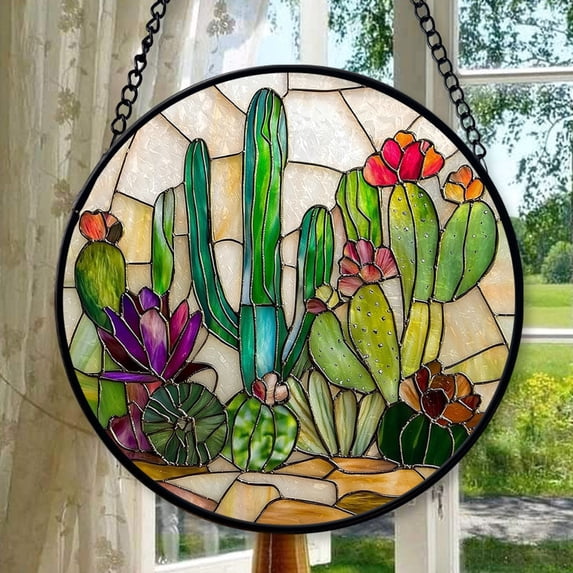 Stained Glass Window Hanging, White Green Cactus Suncatcher Diamond Glass Panel Hangings Sun Catchers Decor for Birthday for Women, Men, Wife, Aunt, and Mom, Stained Glass
