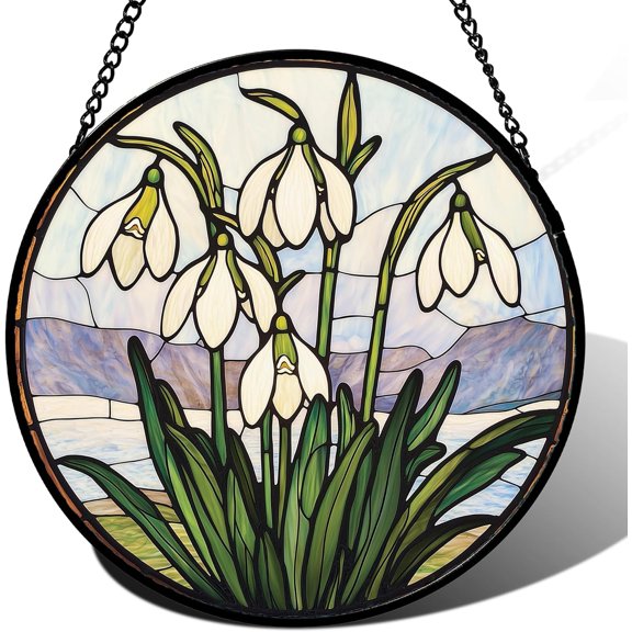Stained Glass Window Hanging - White Snowdrops Sun Catcher for Door Garden Home Decor Green Plants Flowers Suncatcher Christmas Mother's Day Birthday Gifts for Women Men Mom Nana 6.3 in