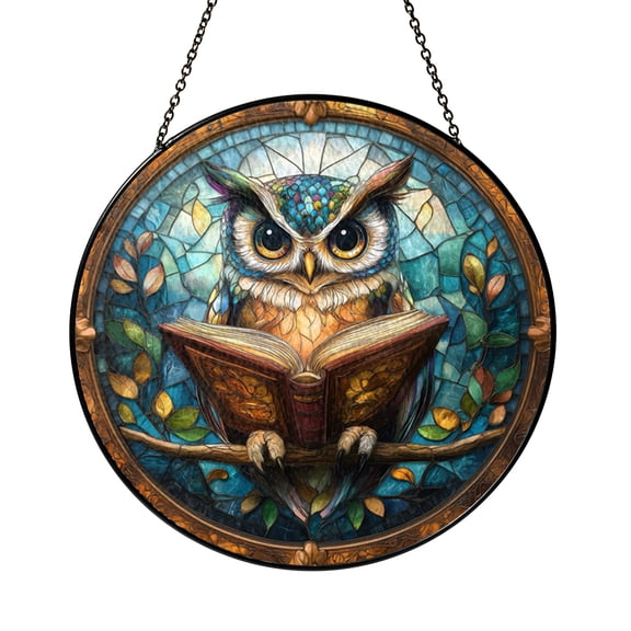 Stained Glass Window Hanging Wise Owl Sun Catcher, Book Lover Window Decor Glass Panel with Chain for Window, Reading Nook Art, Library Style Home Decor