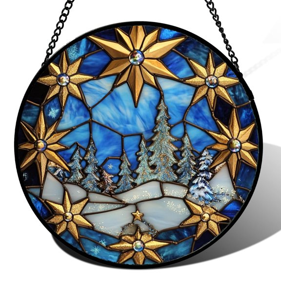 Stained Glass Window Hangings - Gold Star Blue Snow Landscape Suncatcher for Door Home Christmas Decoration Sun Catcher Thanksgiving New Year Birthday Gift for Women Men Mom Grandma