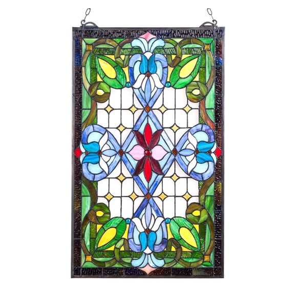 Stained Glass Window Panel 17x29 inch, Tiffany Style Hanging Window, Vintage Rectangle Glass Art for Home Kitchen Decor