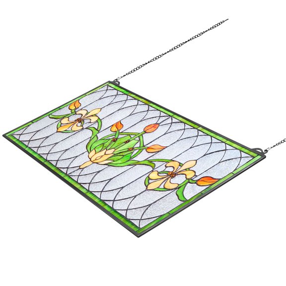 Stained Glass Window Panel, 32 x 17 in, Tiffany Style Hanging Transom Window Panel with Chain, Large