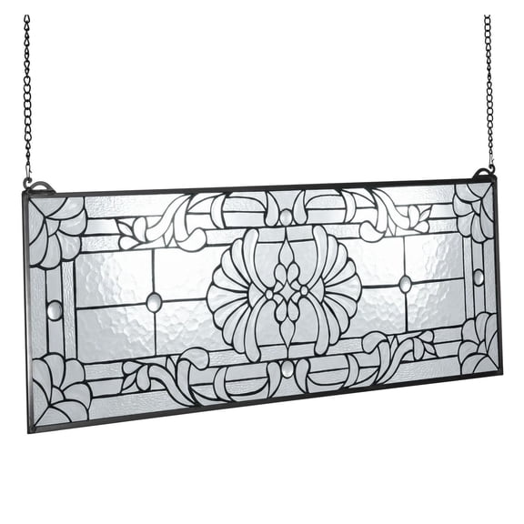 Stained Glass Window Panel 35.2"x13", Tiffany Style Hanging Window, Vintage Art Dcor for Home, Kitchen, Transom Window with Chain