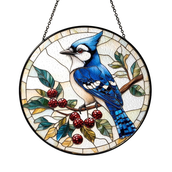 Stained Glass Window Panel Featuring Blue Jay, Realistic Bird Nature Inspired Decor, Vibrant Home Accent, Ideal Gift for Garden Enthusiasts