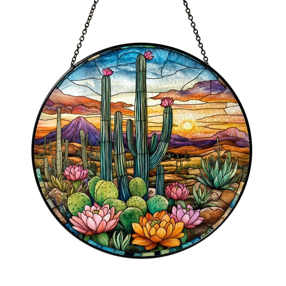 Stained Glass Window Panel Featuring Cactus and Desert Sunset, Boho Inspired Decor, Vibrant Home Accent, Gift for Her