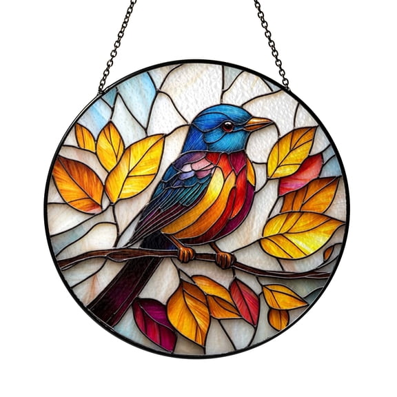 Stained Glass Window Panel Featuring Colorful Bird, Autumn Leaves Design, Vibrant Nature Inspired Home Accent, Ideal Gift Idea