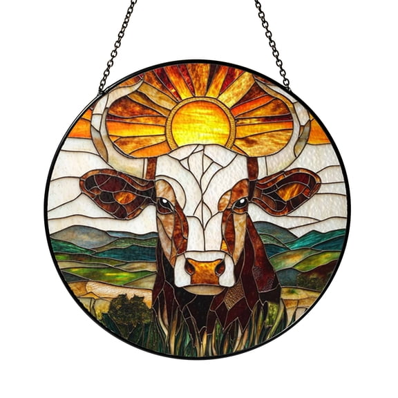 Stained Glass Window Panel Featuring Cow, Rustic Farmhouse Inspired Decor, Vibrant Home Accent, Perfect Gift for Country Living Fans