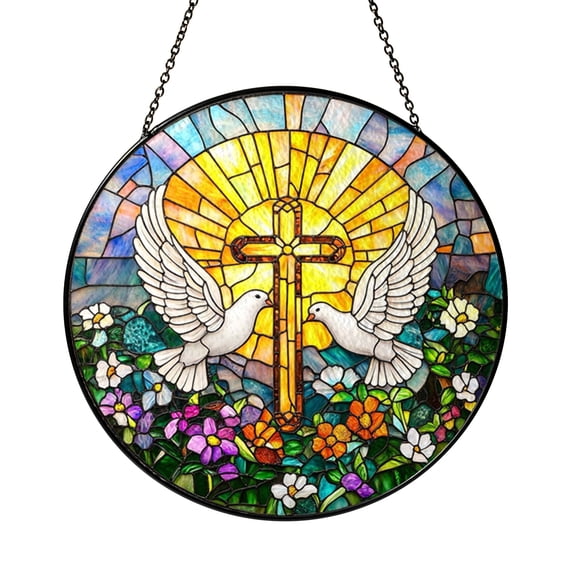 Stained Glass Window Panel Featuring Cross and Doves, Religious Floral Decor, Inspirational Home Accent, Perfect Gift for Faith Lovers