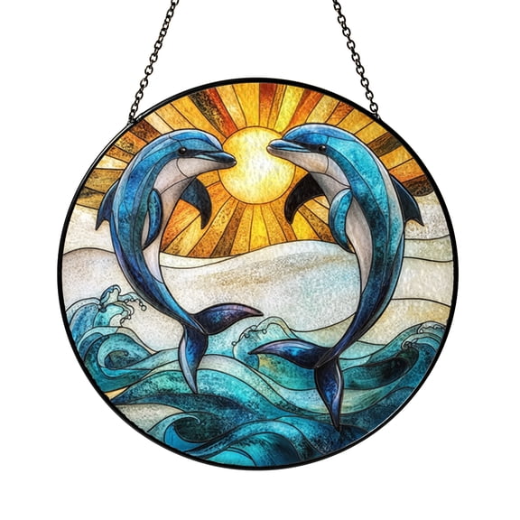 Stained Glass Window Panel Featuring Dolphin, Round Ocean and Sun Design, Vibrant Nature Inspired Home Accent, Ideal Gift