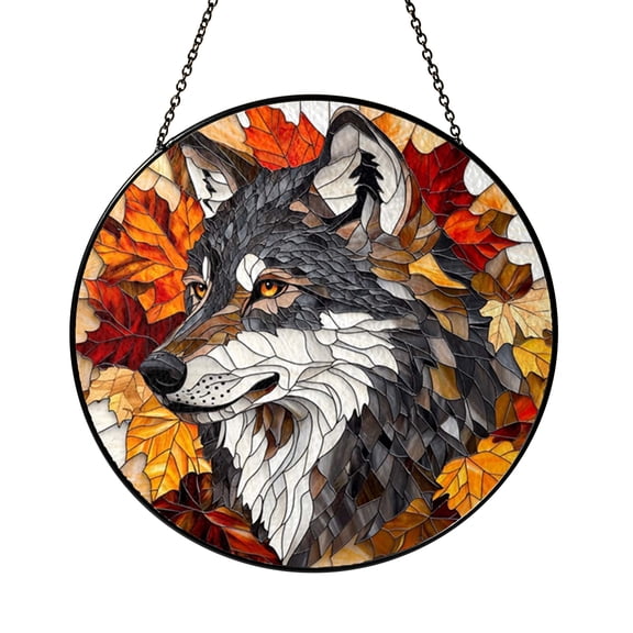 Stained Glass Window Panel Featuring Howling Wolf, Fall Inspired Decor, Gothic Nature Home Accent, Perfect Gift for Wolf Enthusiasts