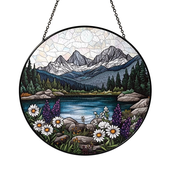 Stained Glass Window Panel Featuring Mountain Landscape, Majestic Scenic Decor, Nature Inspired Home Accent, Ideal Gift for Outdoors Fans
