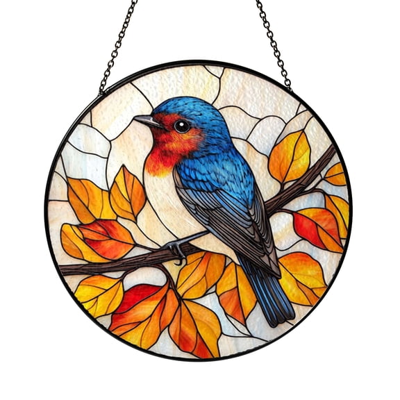 Stained Glass Window Panel Featuring Vibrant Bird, Autumn Leaves and Colorful Design, Nature Inspired Home Accent, Ideal Gift Idea