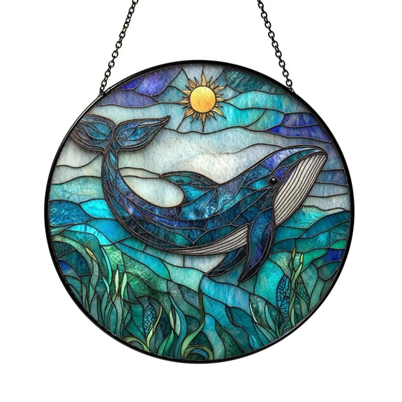 Stained Glass Window Panel Featuring Whale, Ocean Inspired Sunburst Decor, Vibrant Coastal Home Accent, Perfect Gift for Sea Lovers