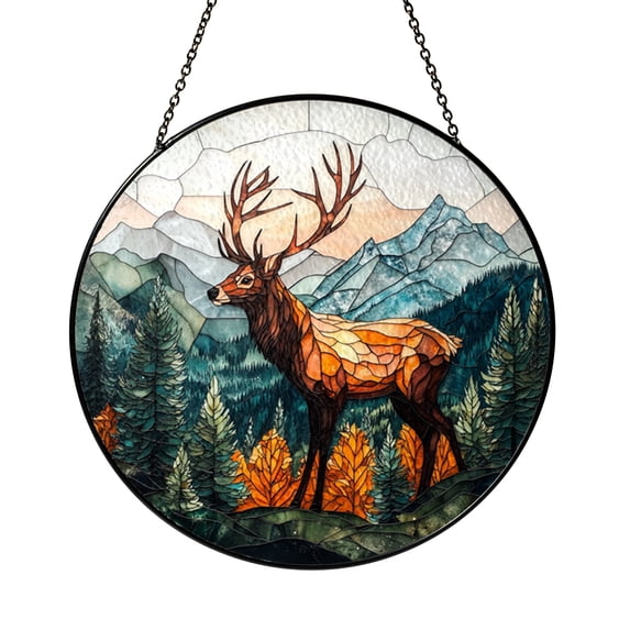 Stained Glass Window Panel – Majestic Deer in Mountain Forest, Nature ...