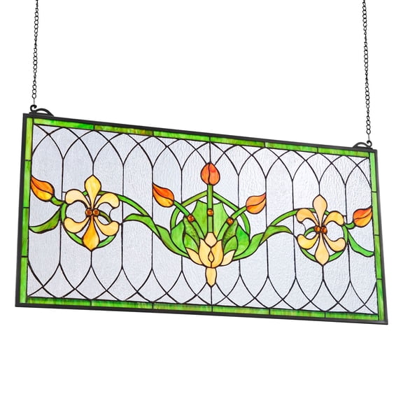 Stained Glass Window Panel, Style Hanging Transom with Chain, 32 x 17 in, Large Rectangle, Vintage Art for Kitchen Home