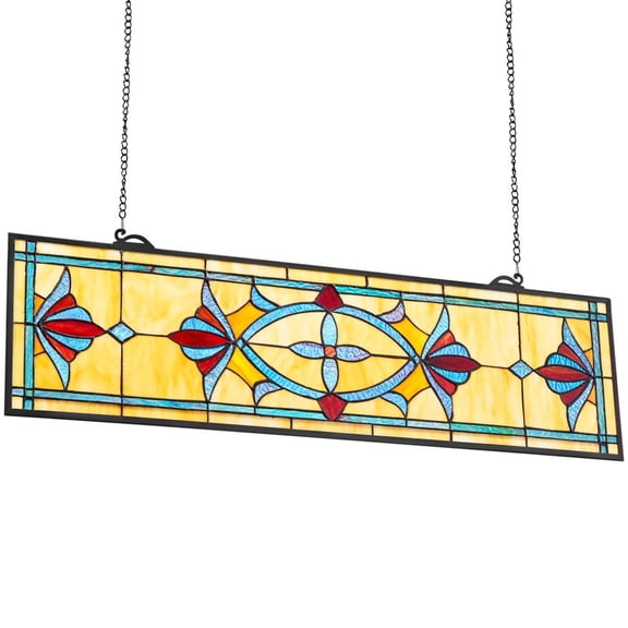 Stained Glass Window Panel, Tiffany Style, 32 X 10 In Large Horizontal Rectangle, with Hanging Chain, Home Decor