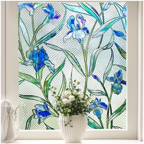 Stained Glass Window Privacy Film, 3D Decorative Window Cling, UV & Heat Blocking Floral Windows Cover, Static Cling No Adhesive Reusable Design for Home, Blue, 23.6" x 78.7"