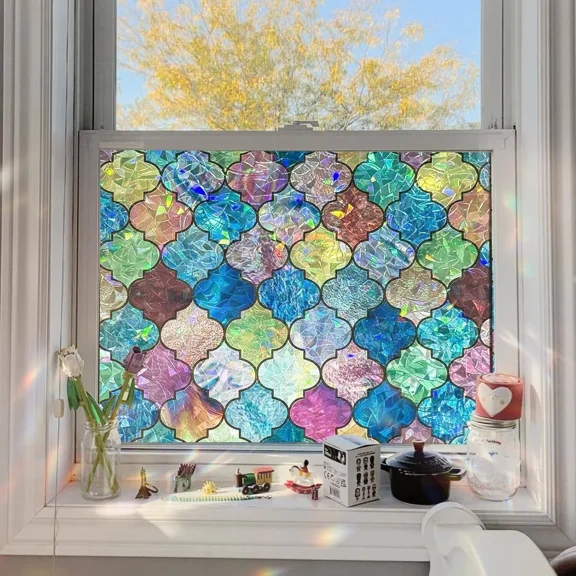 Stained Glass Window Privacy Film, 3D Static Cling Removable Window Clings, Heat Control Sun Blocking Window Film for Bathroom,Front Door,Home,Painted Four-Leaf Clover,29.5" x 78.7"