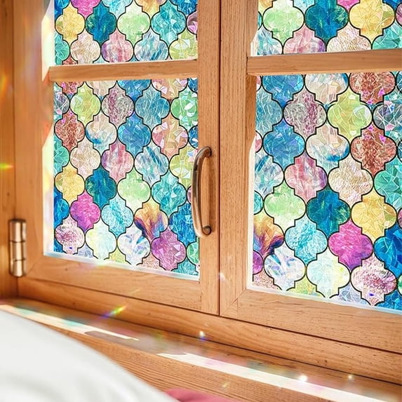 Fancy-Fix Colorful glass privacy window film, 3D privacy decorative window film, bathroom,thermal control sunshade window film, clover 17.3"x 78.7"