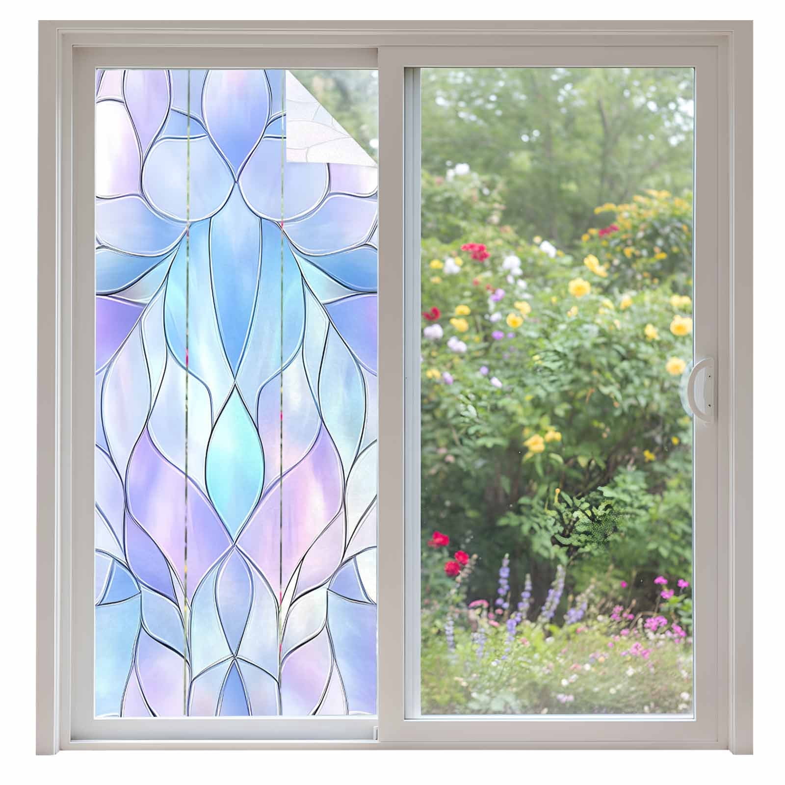 Stained Glass Window Privacy Film, Blue Purple Floral Geometric Static Cling UV Sun Blocking Heat Control Window Tint Day and Night, Non-Adhesive Reusable One Way Windows Privacy Cover 35.4''x78.7''