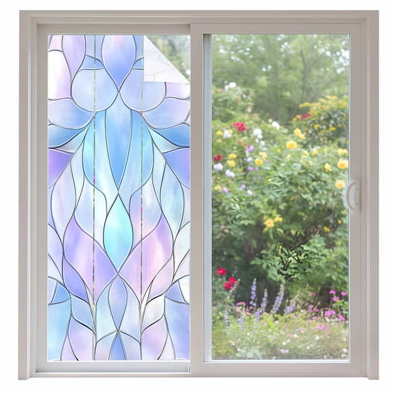 Stained Glass Window Privacy Film, Blue Purple Floral Geometric Static Cling UV Sun Blocking Heat Control Window Tint Day and Night, Non-Adhesive Reusable One Way Windows Privacy Cover 35.4''x78.7''