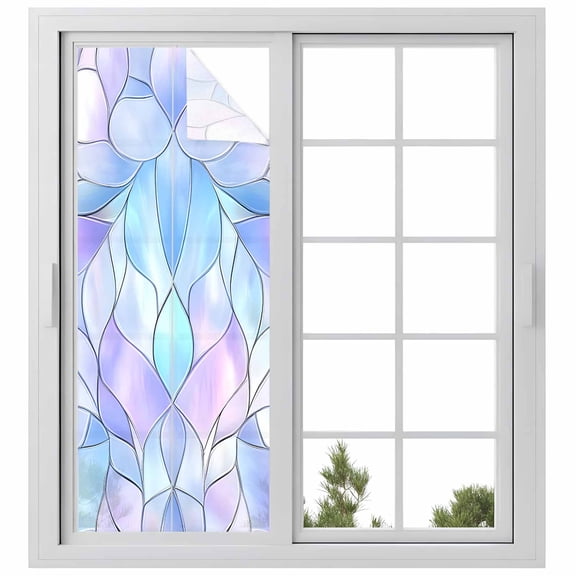 Stained Glass Window Privacy Film, Blue Purple Floral Geometric Static Cling UV Sun Blocking Heat Control Window Tint Day and Night, Non-Adhesive Reusable One Way Windows Privacy Cover 23.6''x59''