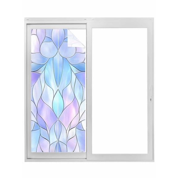 Stained Glass Window Privacy Film, Blue Purple Floral Geometric Static Cling UV Sun Blocking Tint Film Heat Control Windows Films for Bedroom Bathroom, Window Stickers 23.6"x59"