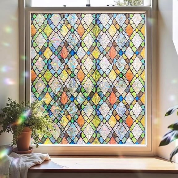 ADD.HERES Window Privacy Film, Stained Glass Decorative Static Cling, Removable Laser Sun Blocking Vinyl Covering, Window Film for Home Kitchen Living Room, Rainbow Crystal Shards, 17.3 x 78.7in