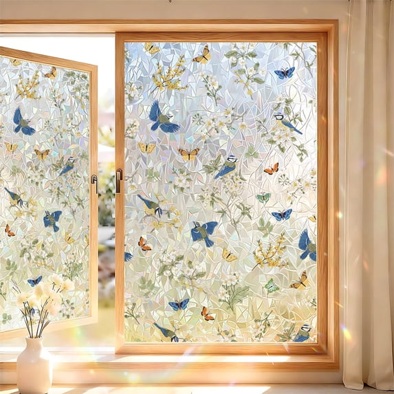 Stained Glass Window Privacy Film Floral Bird Pattern 17.71x47.24In, Static Cling Non Adhesive Glass Decal, Privacy Window Cover for Bathroom Living Room Home Decor