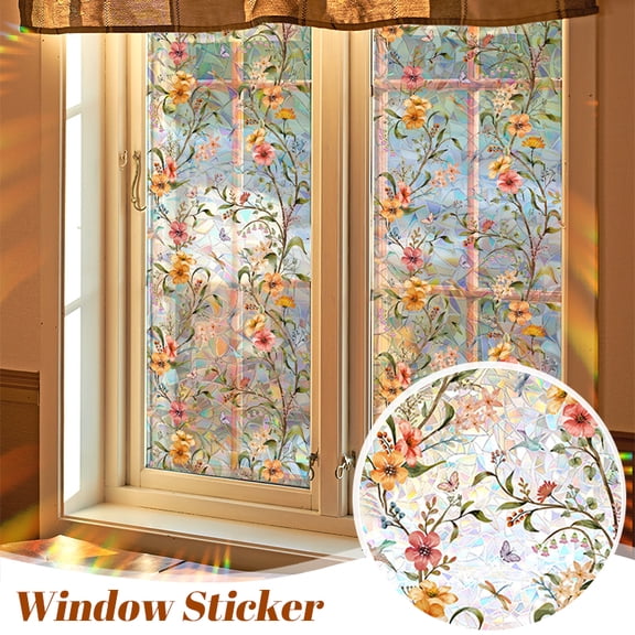 Stained Glass Window Privacy Film, Static Cling Decorative Floral Window Sticker, Non-Adhesive Peel and Stick Vinyl Decal Sun Blocking Heat Control Glass Covering, 15.74" x 39.37"