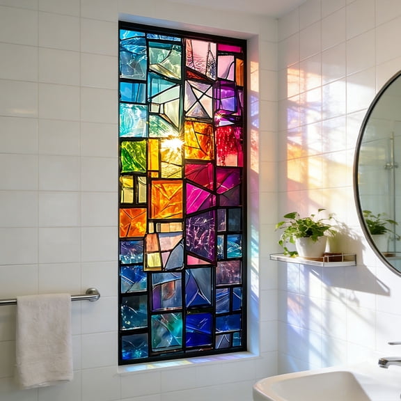 Stained Glass Window Privacy Film Static Cling - Rainbow Glass Decorative Sun Blocking Window Covering, Non-Adhesive Removable Stickers for Home & Office, 17.7" x 39.4"
