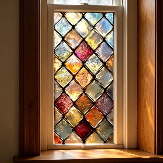 Stained Glass Window Privacy Film Static Cling - Rainbow Glass Decorative Sun Blocking Window Covering, Non-Adhesive Removable Stickers for Home & Office, 17.7" x 39.4"