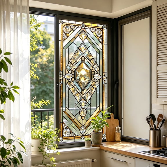 Stained Glass Window Privacy Film Static Cling - Rainbow Glass Decorative Sun Blocking Window Covering, Non-Adhesive Removable Stickers for Home & Office, 17.7" x 39.4"
