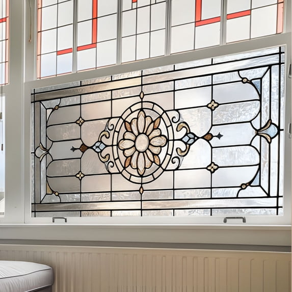 Stained Glass Window Privacy Film,Vintage Rainbow Window Film Static Cling Non-Adhesive Window Clings Decorative Glass Decal for Home Office, 17.7"x39.4"