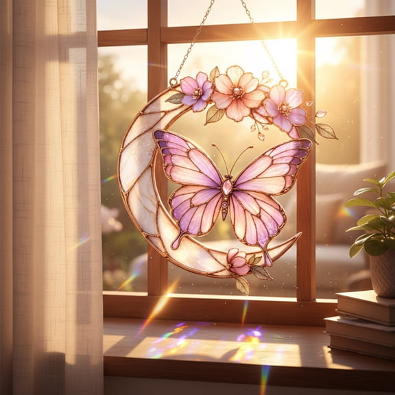 Stained Glass Window Suncatcher Floral Hanging Ornament with Metal Crescent Frame for Home Garden and Patio Decor, Purple