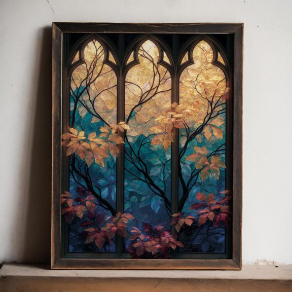 Stained Glass Window Wall Art Print, Gothic Botanical, Arched Floral, Teal Gold Victorian, Wall Accent, Floral Home And Gallery Wall Decor