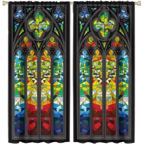 Stained Glass Windows Curtains,Mid-Century Vintage Bohemian Design Abstract Art Style Curtains for Bedroom Living Room Kitchen Café Window Drapes 53"W x 63"L (Pack of 2)