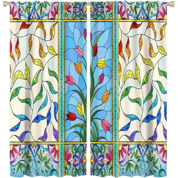 Stained Glass Windows Curtains,Mid-Century Vintage Flower Bohemian Abstract Floral Curtains for Bedroom Living Room Kitchen Café Window Drapes 53"W x 84"L (Pack of 2)