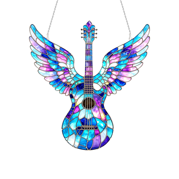 Stained Glass Winged Guitar Acrylic Suncatcher Hanging Ornament