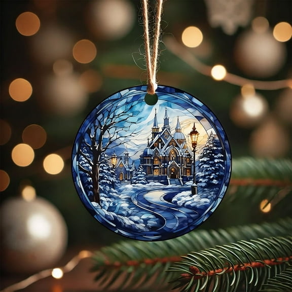 Stained Glass Winter Church Scene Ceramic Ornament - Elegant Christmas Decoration with Snowy Landscape, Perfect for Holiday Decor or Gift!