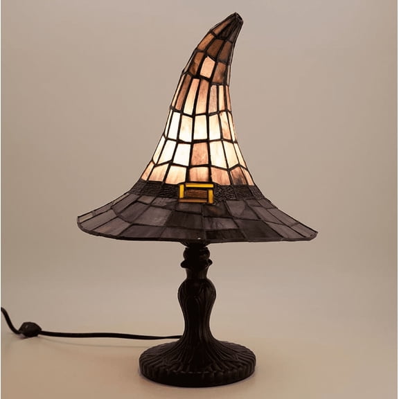 Stained Glass Witch Hat Lamp - 11.8in Resin Halloween Night Light for Gothic Home Decoration