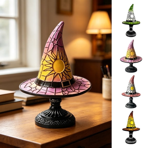 Stained Glass Witch Hat Lamp, 7.1 inch Handmade Purple Gothic LED Table Light with USB Plug and Switch for Bedroom, Desk, Mantel, Party and Halloween Home Decor, Purple