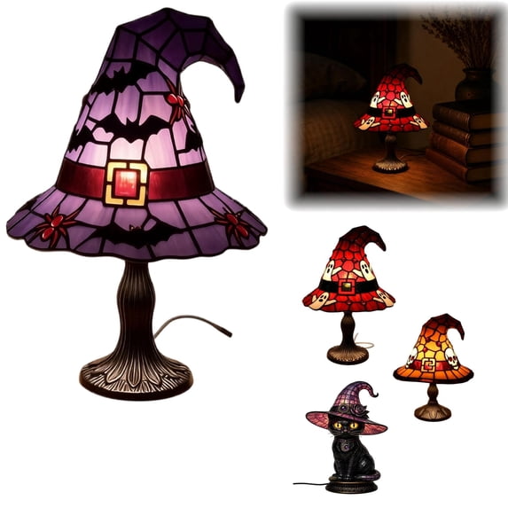 Stained Glass Witch Hat Lamp Gothic Halloween Lighting Decor,Halloween Decorations Indoor,Witch Hat Table Lamp with Pull Chain,Halloween Night Light for Bedroom Bookshelf Desk(C)