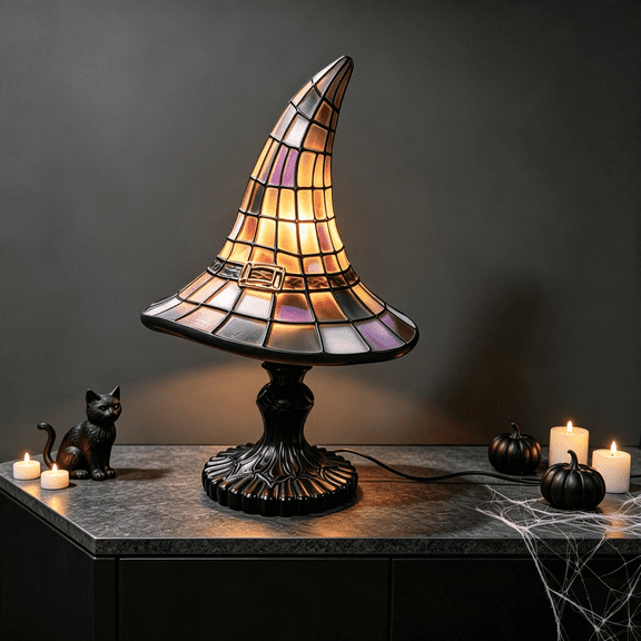 Stained Glass Witch Hat Lamp Gothic Halloween Lighting Decor, Vintage Witchy Hats Night Lights, 11.8in Handcrafted Retro Resin Table Lamp for Bedroom, Living Room & Home Decor
