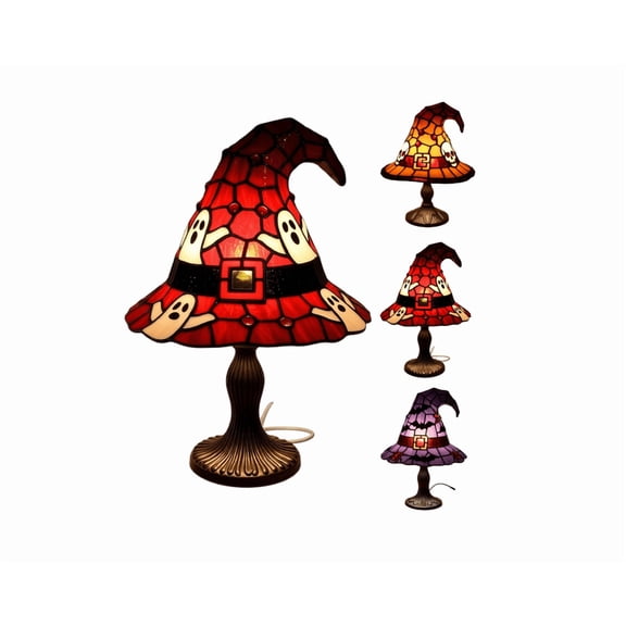 Stained Glass Witch Hat Lamp Gothic Halloween Lighting Decor, Vintage Witchy Hats Night Lights, 7in Handcrafted Retro Resin Table Lamp for Bedroom, Living Room & Home Decor(Ghost)
