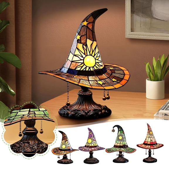 Stained Glass Witch Hat Lamp, Gothic Witch Hat Lamp Stained Glass Home Decor, Vintage Halloween Lamp decor, Wizard Hats Night Light, Halloween Decorations for Bedroom & Bookshelf